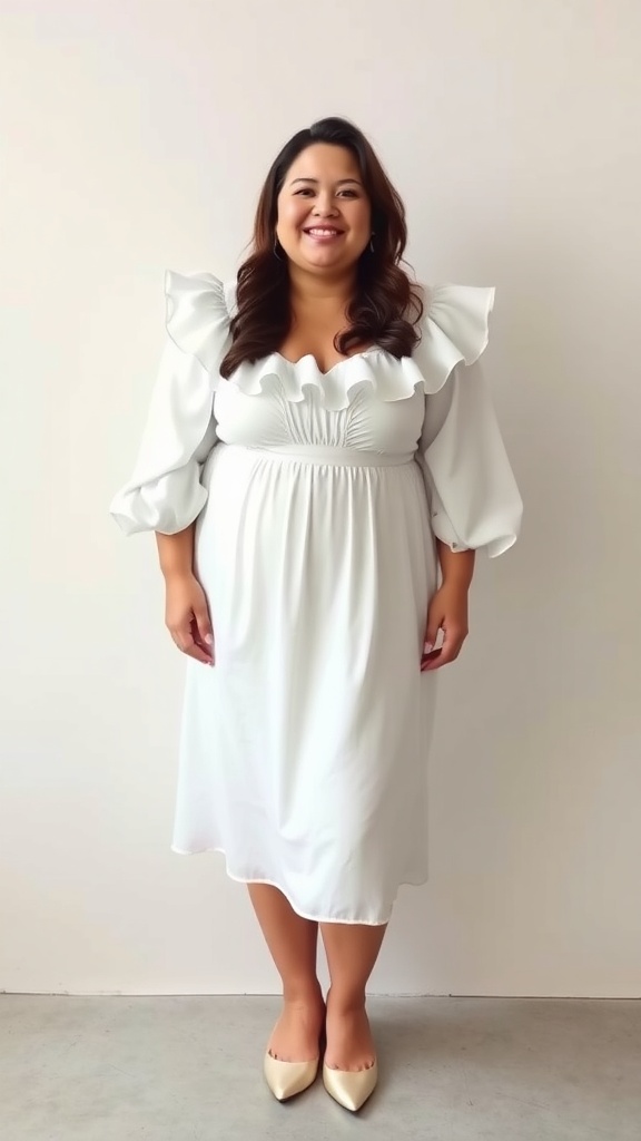 A smiling young girl wearing a white dress with ruffled details and cute shoes.