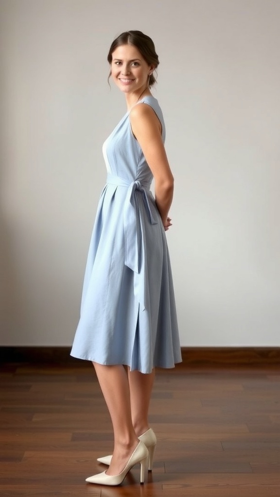 A woman wearing a dusty blue tie-back midi dress, smiling and standing elegantly.
