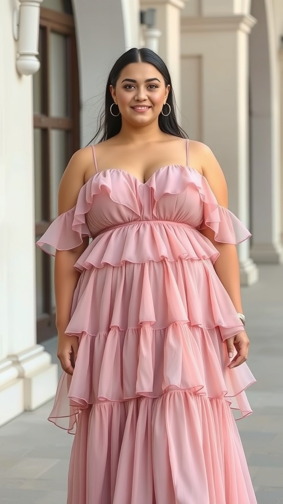 A woman wearing a dusty rose tiered ruffle dress, smiling confidently.