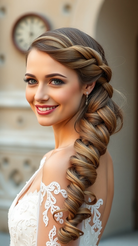 Bride with a Dutch braid into a flowing low ponytail, showcasing elegant wedding hair.