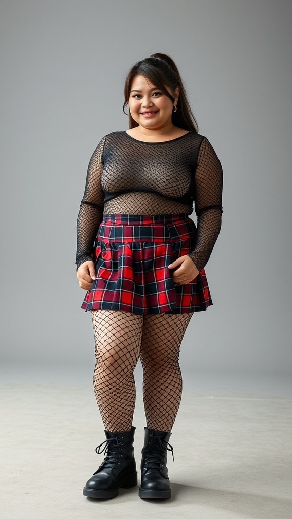 A short chubby girl wearing a black fishnet top and a plaid skirt, paired with chunky black boots.
