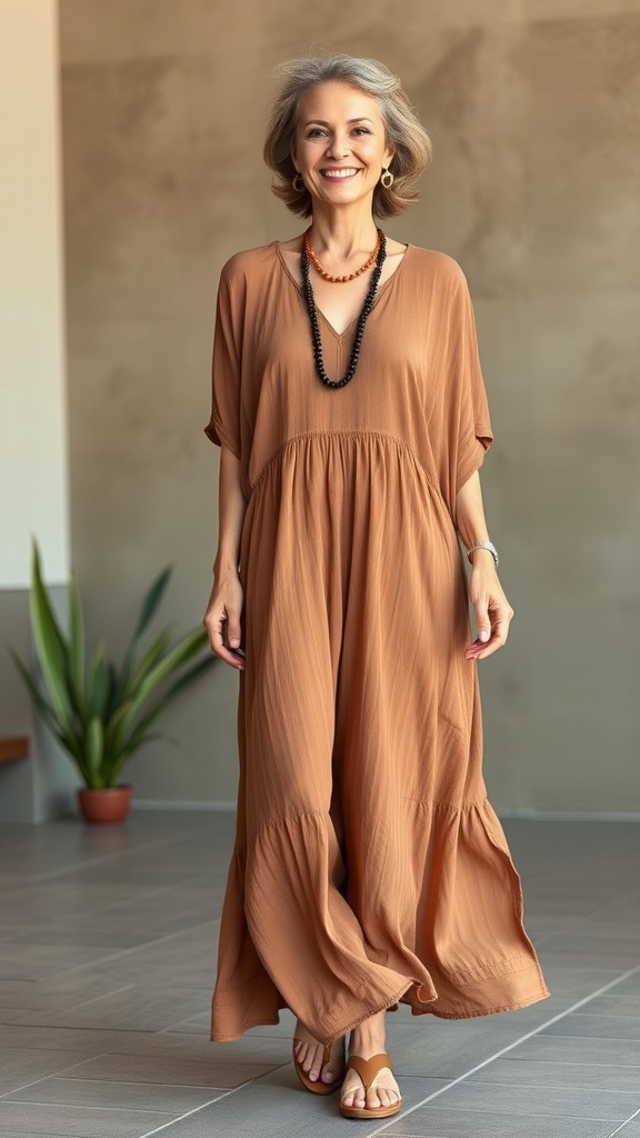 A woman wearing an earth-toned boho maxi dress, smiling and standing in a modern space.