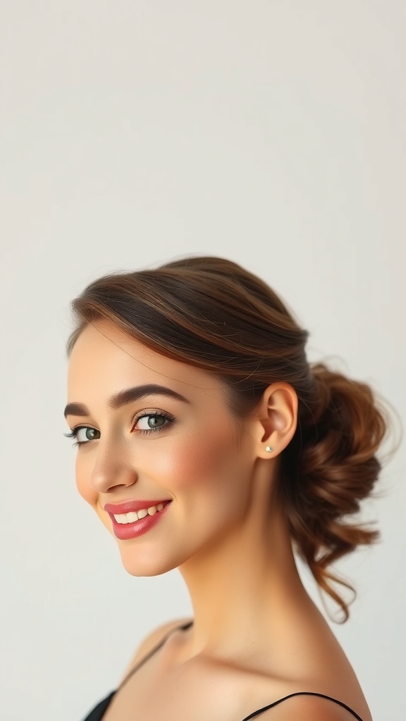 A woman with a stylish short hair updo using a claw clip, smiling at the camera.