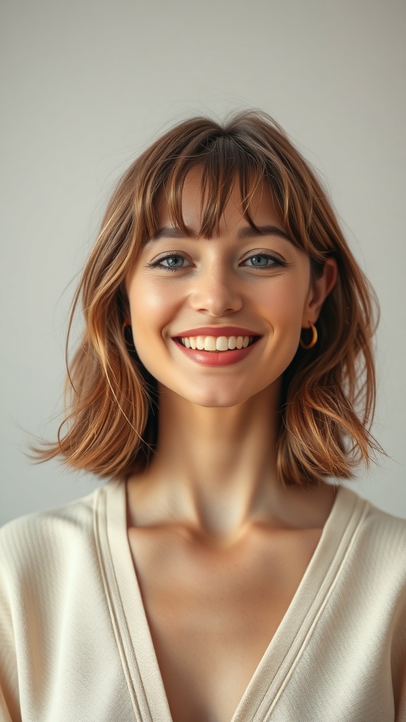 A smiling woman with shoulder length layered hair and barely-there bangs, wearing a light-colored top.