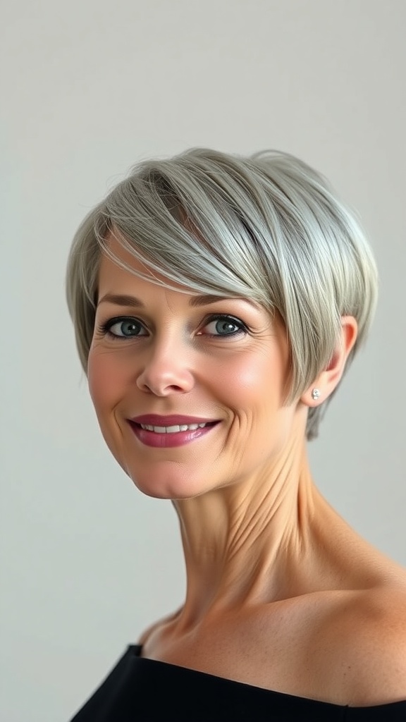 A woman with a stylish edgy bowl cut, showcasing graphic lines and a modern look.