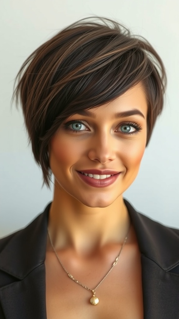 A woman with an edgy pixie cut featuring chunky bangs, showcasing a stylish and modern hairstyle.