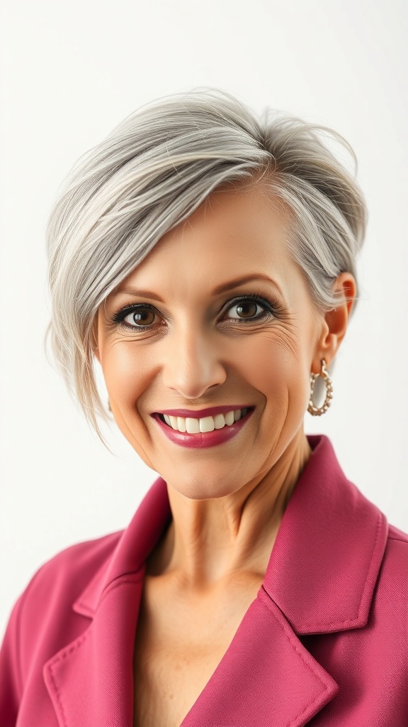 A woman with a stylish side-swept haircut featuring an undercut, wearing a pink blazer and smiling.