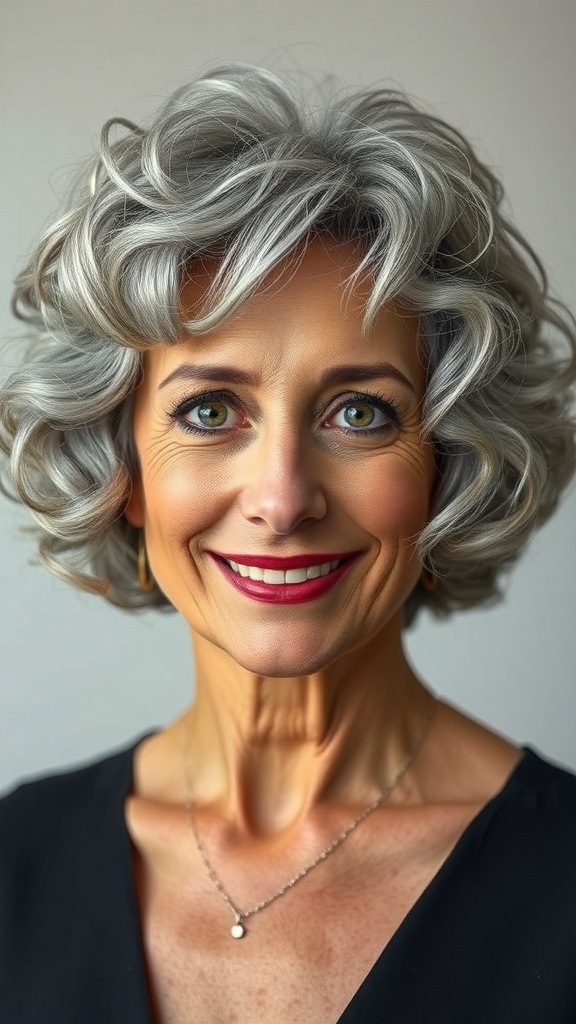 A woman with a stylish edgy textured curly bob hairstyle, showcasing fashionable grey hair.
