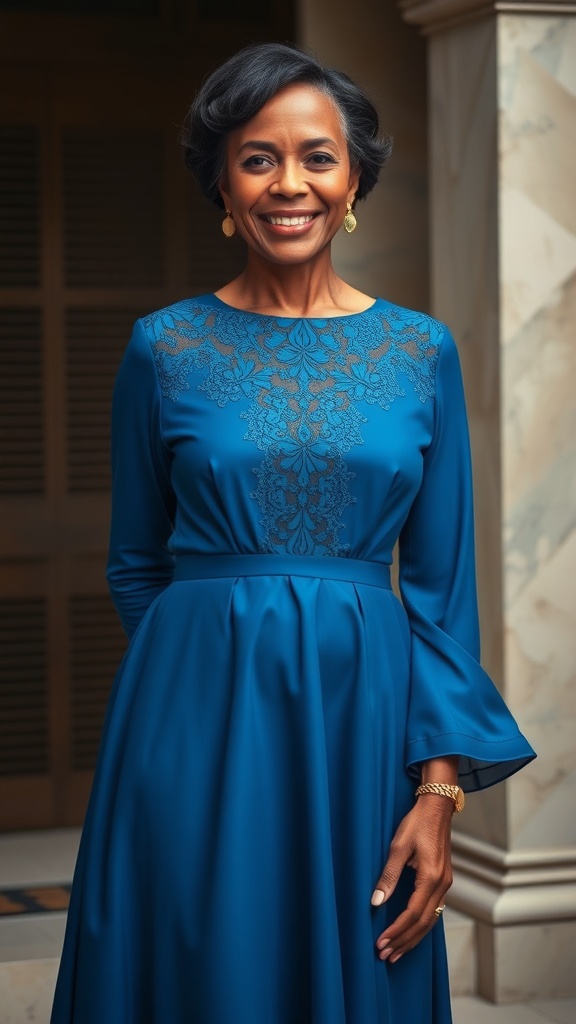 A woman in an elegant blue Kente dress with lace overlay, smiling confidently.