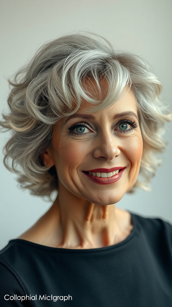A woman with a curly bob hairstyle featuring silver highlights, smiling confidently.