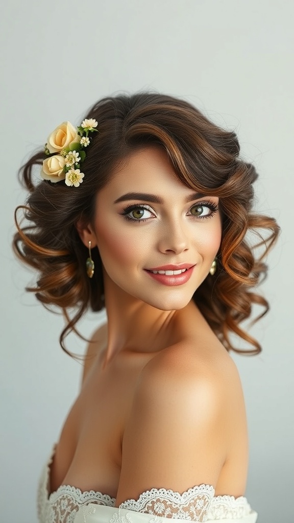 A bride with vintage curls adorned with floral pins, radiating elegance and charm.
