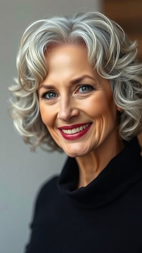 A woman with chin-length curly grey hair, smiling and wearing a black top.