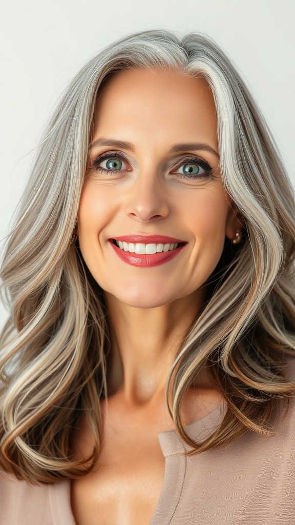 A woman with long gray hair styled in defined layers, smiling confidently.