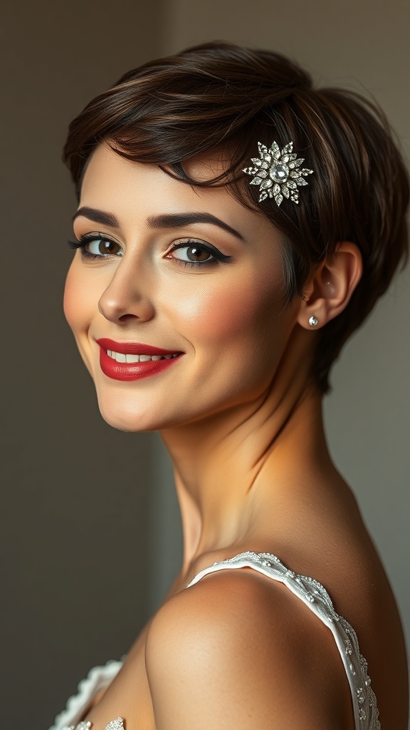 Bride with a pixie cut and vintage hair pin, showcasing a radiant smile.