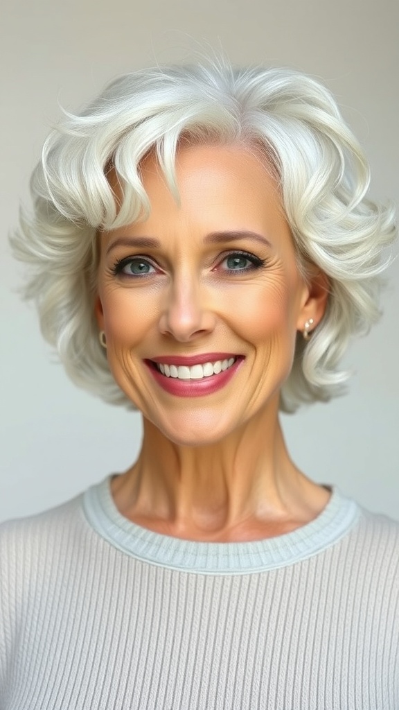 A woman with a stylish white curly bob hairstyle, smiling confidently.