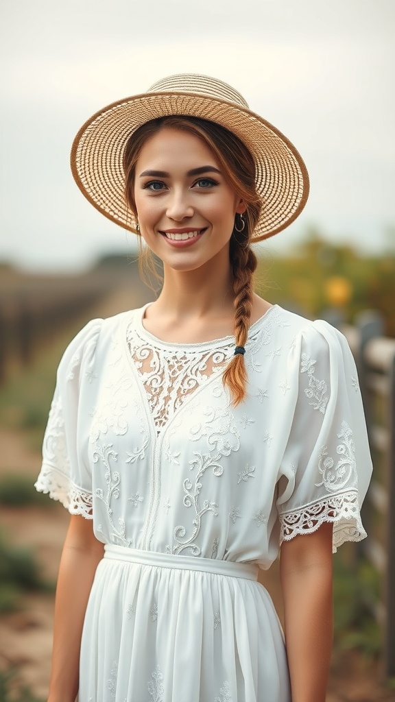 A woman wearing an embroidered ivory dress and a straw farm hat, smiling outdoors.