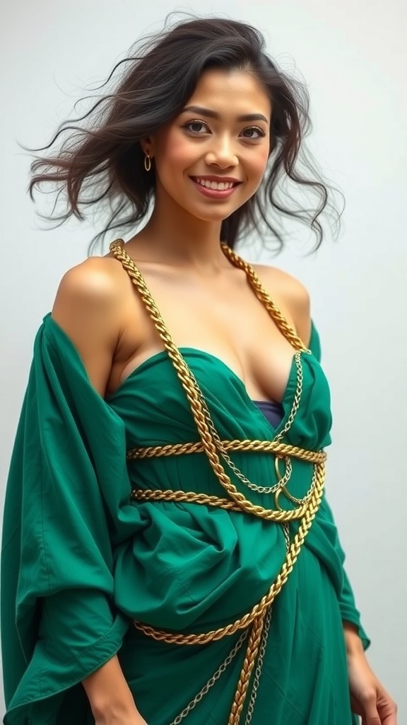 A woman wearing an emerald green belly dancing costume with waist chains, smiling confidently.