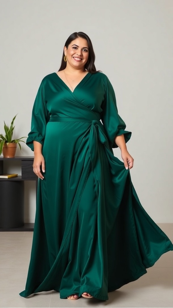 A woman in an emerald green wrap dress with long sleeves, smiling and standing elegantly.