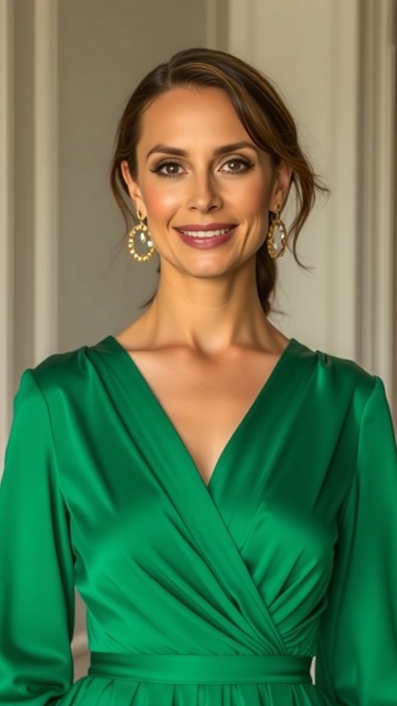 A woman wearing an emerald green wrap dress with open-toe heels, smiling elegantly.