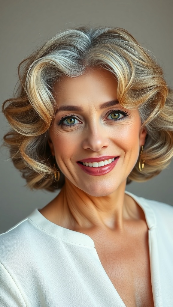 A woman with a face-framing curly bob hairstyle, showcasing her grey hair and bright smile.