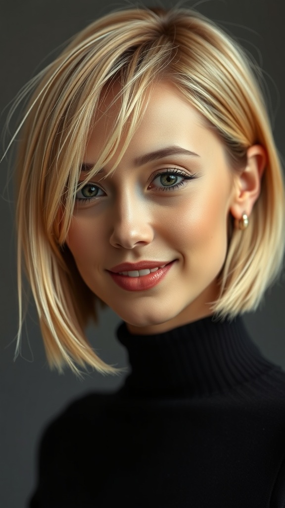 A woman with a chin-length blunt cut bob hairstyle, featuring face-framing highlights, smiling and wearing a black turtleneck.
