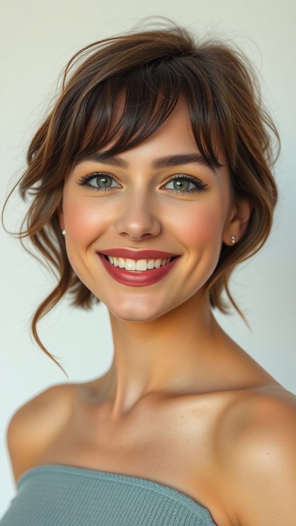 A woman with face framing layers and brushed waves, smiling brightly.