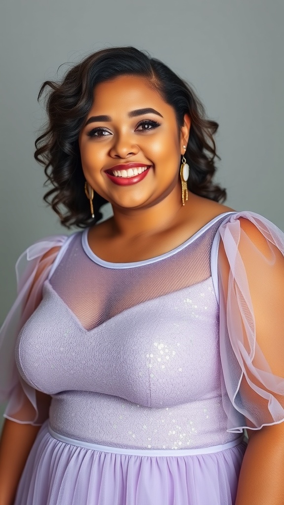 A young girl smiling while wearing a lavender fairycore mesh dress with ruffled sleeves and glitter embellishments.