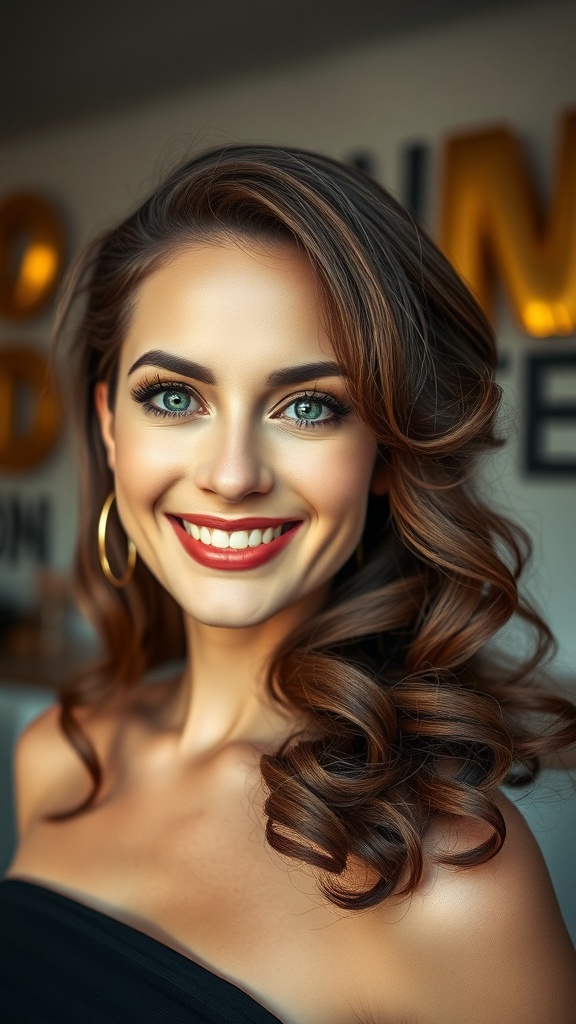 A woman with vintage curls styled in a faux bob with tucked ends, smiling and showcasing a glamorous look.
