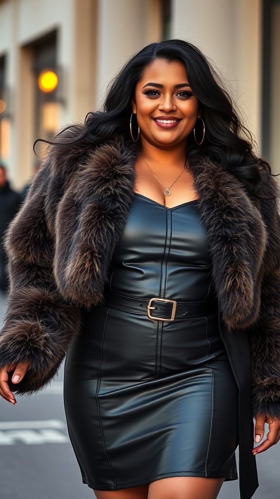 A woman wearing a faux fur jacket over a leather mini dress, smiling confidently.