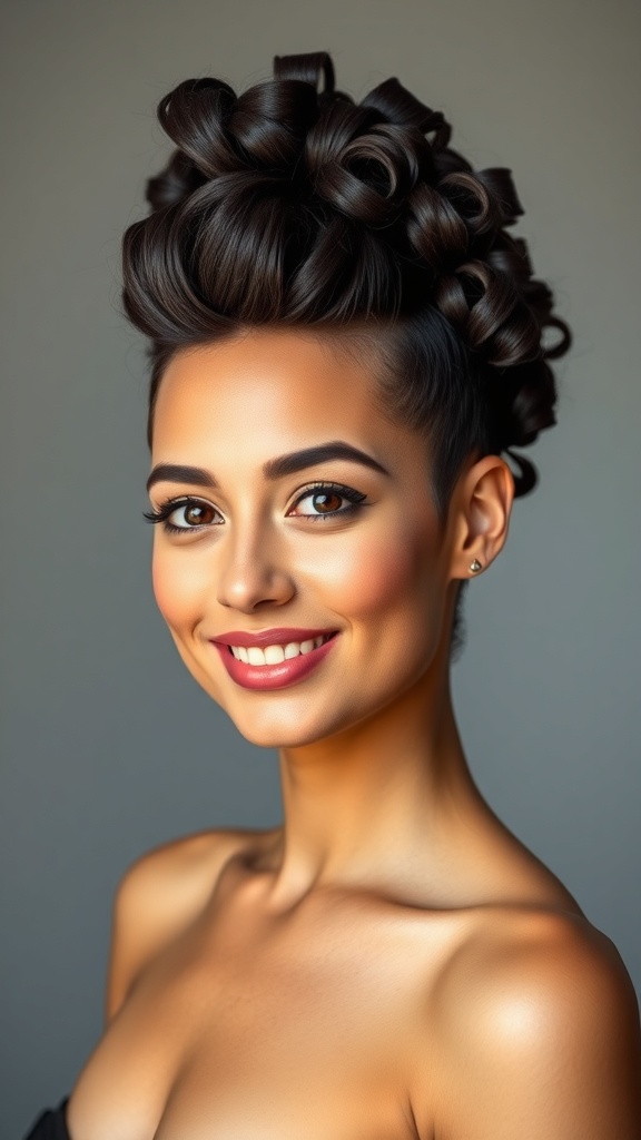 A woman with a faux hawk updo featuring elegant curls, perfect for Latin dance.