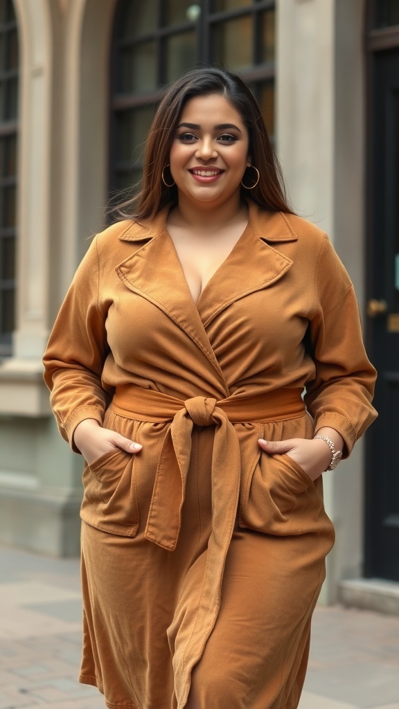 A woman wearing a faux suede wrap dress with a statement belt, smiling confidently.