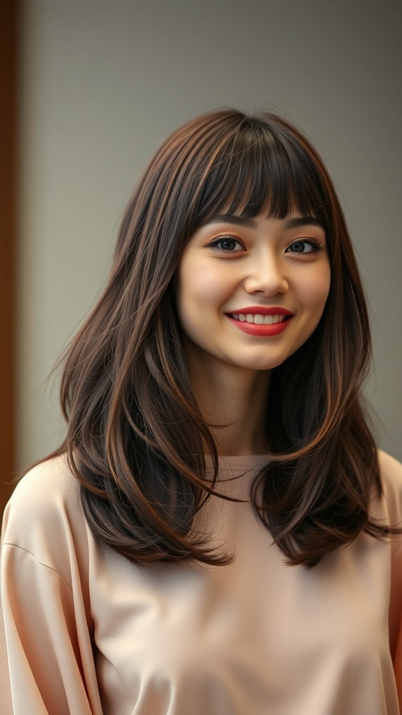 A woman with layered hair styled in a lob with flipped bangs, showcasing a 70s hairstyle aesthetic.