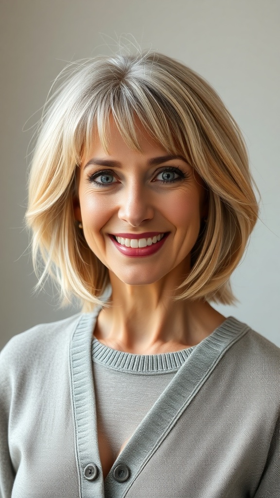 A woman with a feathered lob hairstyle, smiling and looking confident.
