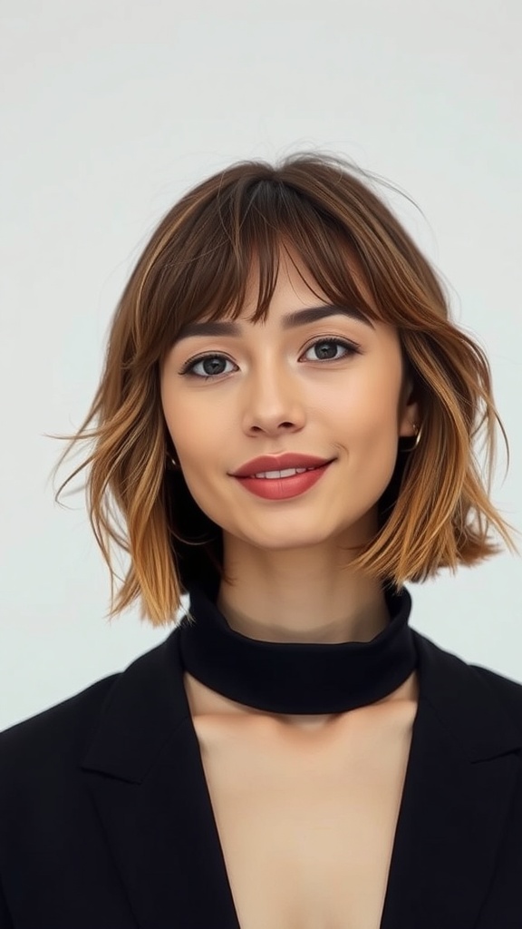 A woman with a feathered lob hairstyle and curtain fringe, wearing a black outfit.