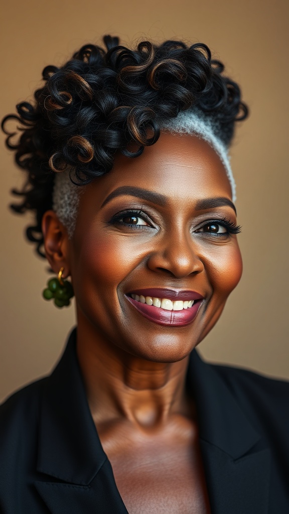 A smiling older Black woman with a finger-defined frohawk hairstyle, showcasing her natural curls.