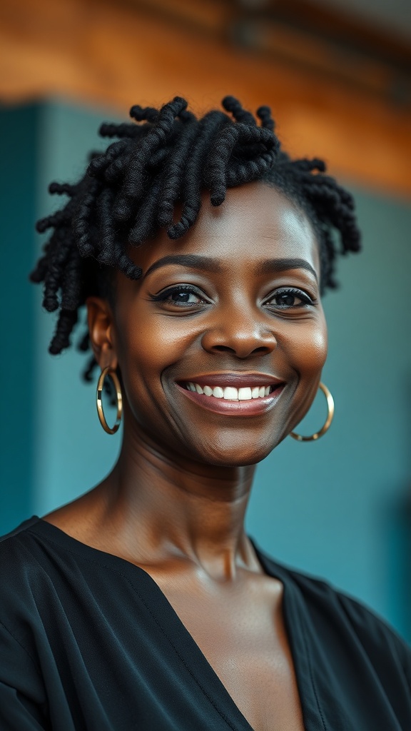 A woman with finger coils and a fade undercut, smiling confidently.
