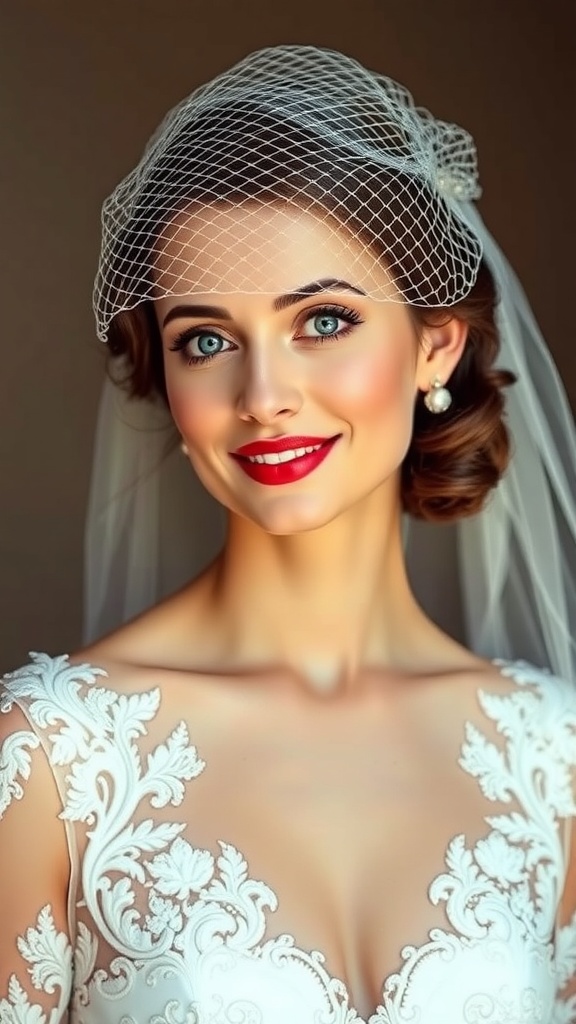 Bride with finger waves hairstyle and birdcage veil, wearing a detailed wedding dress.