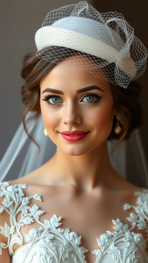 Bride with finger waves hairstyle and a pillbox hat veil, showcasing a vintage bridal look.