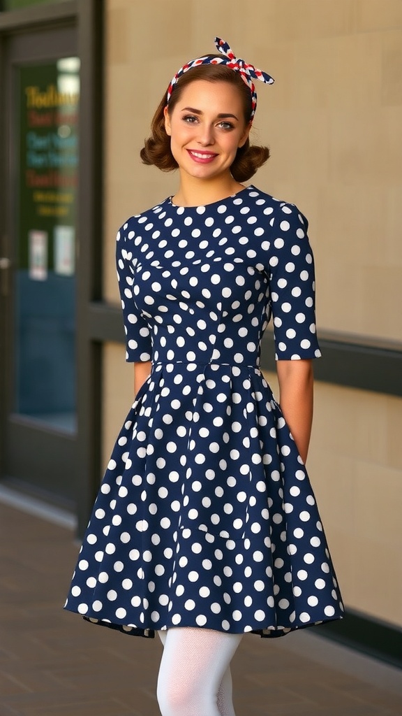 A woman in a fit and flare polka dot dress with white stockings and a matching headband, smiling in a casual setting.