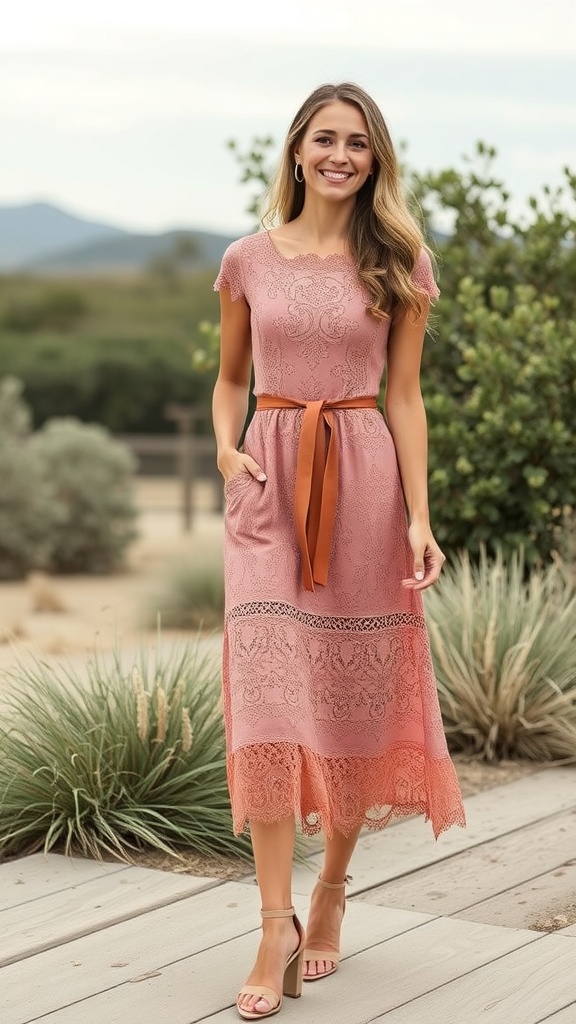 A woman wearing a fitted lace midi dress with a western belt, standing outdoors with a rustic background.