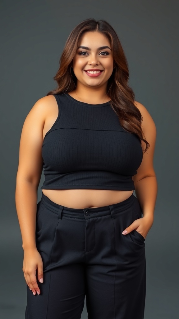 A smiling girl wearing a fitted tank top and wide-leg trousers.
