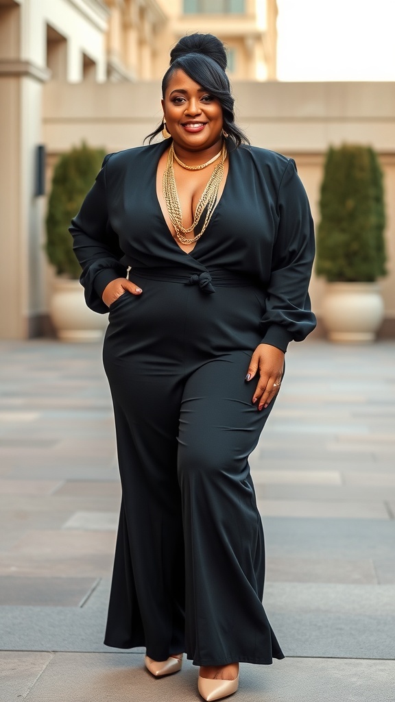 A plus size woman wearing a black flared jumpsuit with gold accessories, smiling confidently.