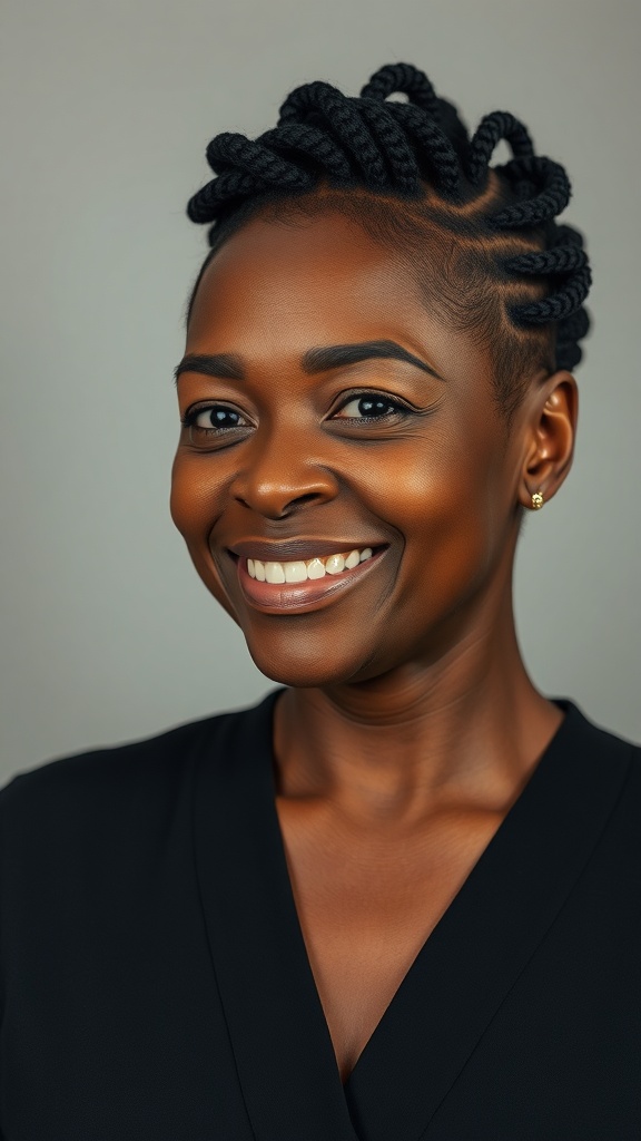 A woman with a flat twist hairstyle and tapered back, showcasing natural hair texture.