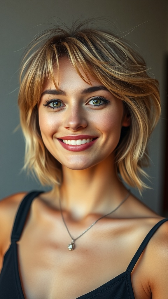 A smiling woman with a flipped-out lob hairstyle, showcasing layered body and texture.