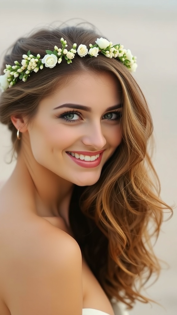 A bride with a floral halo crown and natural curls, smiling at the beach.