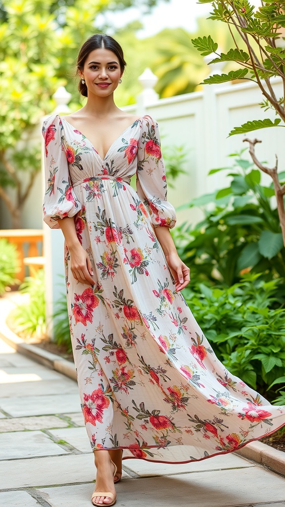 A woman wearing a floral maxi dress with puffy sleeves, standing in a garden.