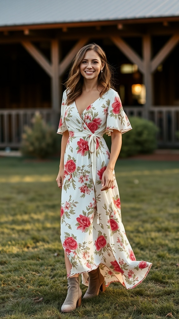 A woman wearing a floral maxi dress with ankle boots, smiling in a rustic outdoor setting.