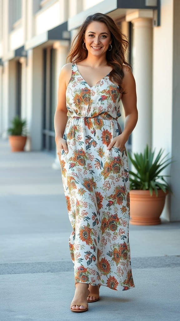 A curvy woman wearing a flowy maxi dress with floral patterns and slide sandals, walking confidently.