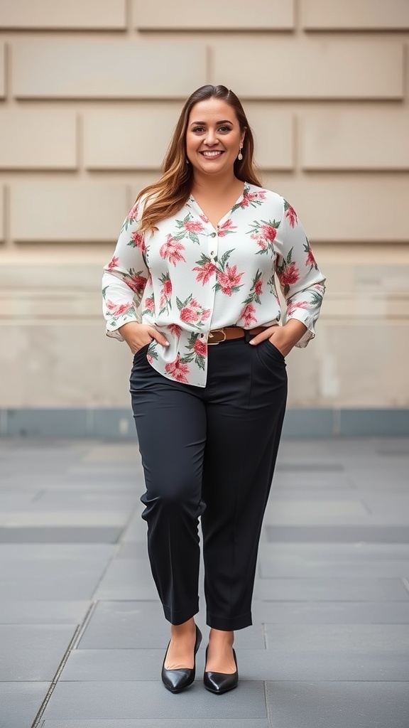A woman wearing a flowy floral blouse and cropped trousers, showcasing a chic and stylish outfit.