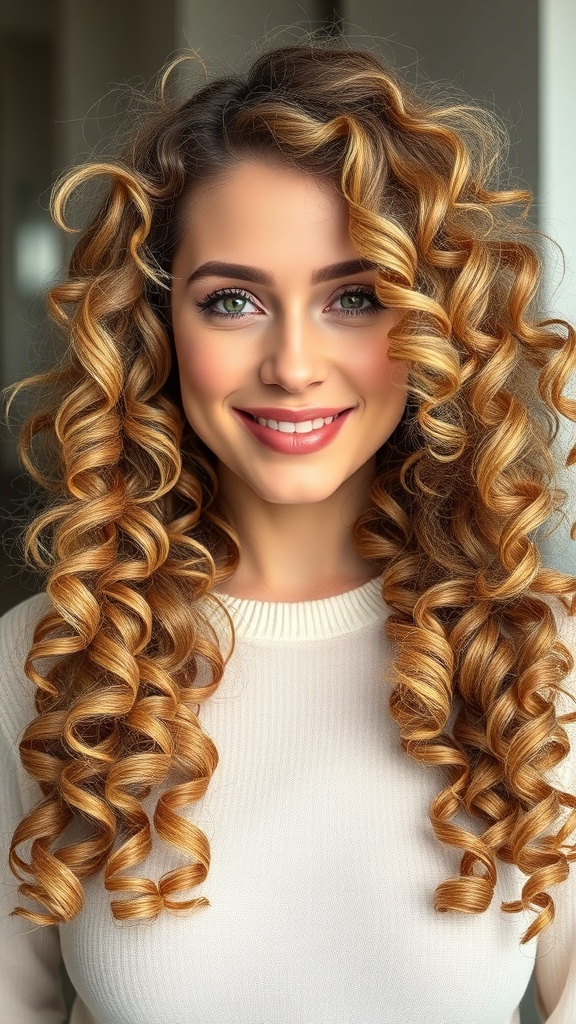 A woman with fluffy long layered curly hair, showcasing soft ringlets and a bright smile.